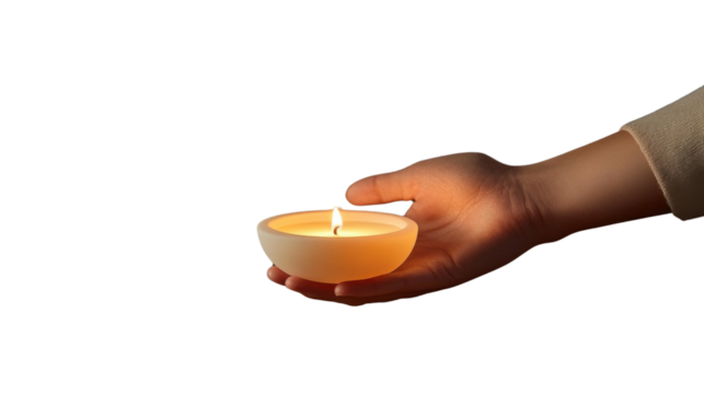 Illuminating Guidance: A tender hand cradles a softly glowing candle in a handcrafted wooden bowl, symbolizing warmth, hope, and spiritual guidance.