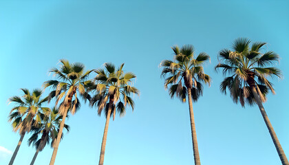 a row of palm trees against a blue sky