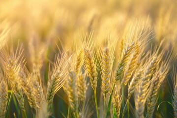 Fototapeta premium Golden wheat field in soft sunlight with a blurred background 