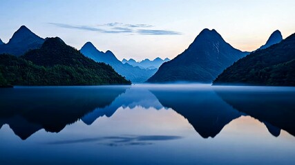Misty lake with mountain reflection at dawn, serene nature landscape, tranquility and meditation concepts for peaceful retreats