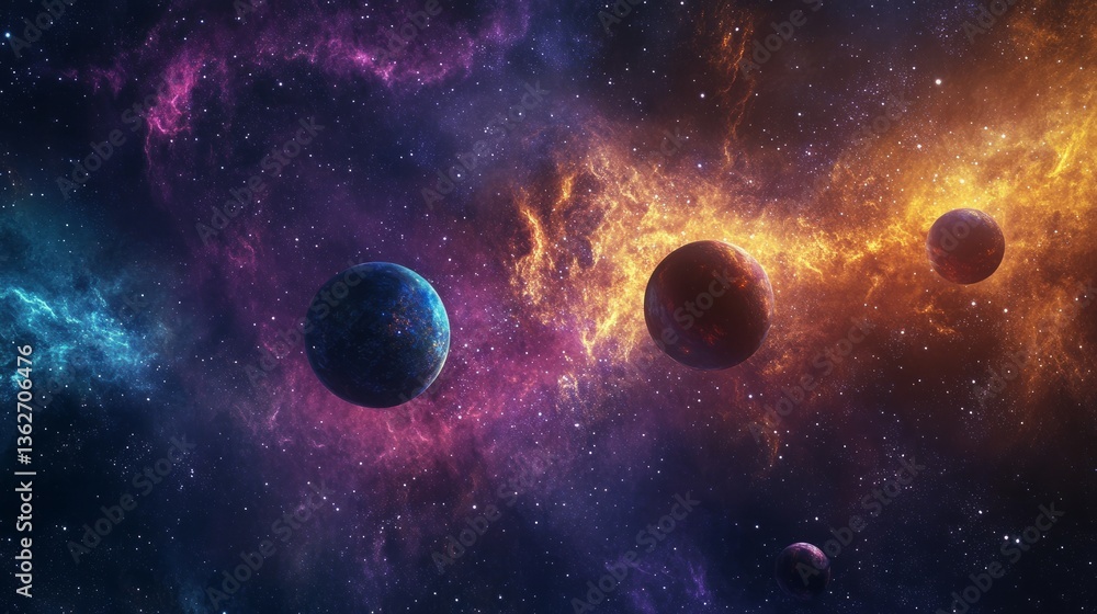Poster a mesmerizing universe background with colorful planets drifting in a nebula-filled space.