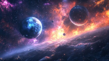 A mesmerizing space background with orbiting planets, glowing nebulae, and a radiant cosmic sky