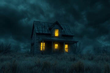 Old abandoned house with glowing yellow windows under dark stormy sky at night in isolated landscape