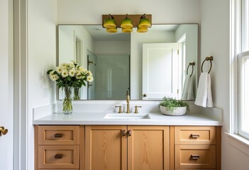 Elegant Mid-Century Modern Bathroom Design: Showcasing Light Wood, White Walls, Brass Accents, and a Touch of Green with Glass Shades for a Stylish Home.

