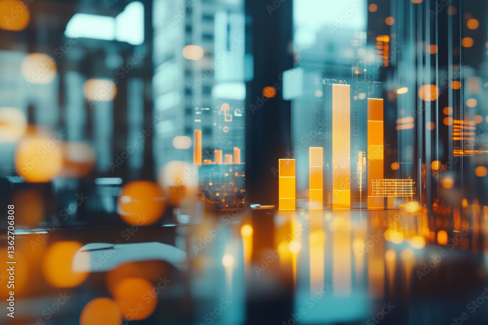 Poster abstract image of bar graph with orange and blue hues representing financial data analysis trends