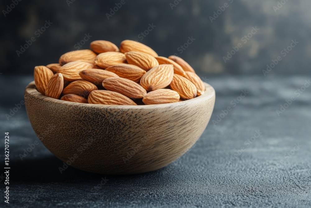 Poster healthy almonds piled in a wooden bowl on a textured dark background for nutritious snacking and coo
