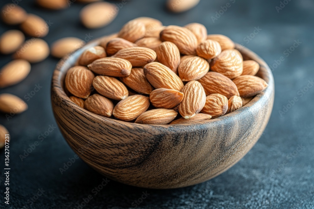 Aufkleber freshly harvested almonds in a rustic wooden bowl on a dark background create a warm and inviting at