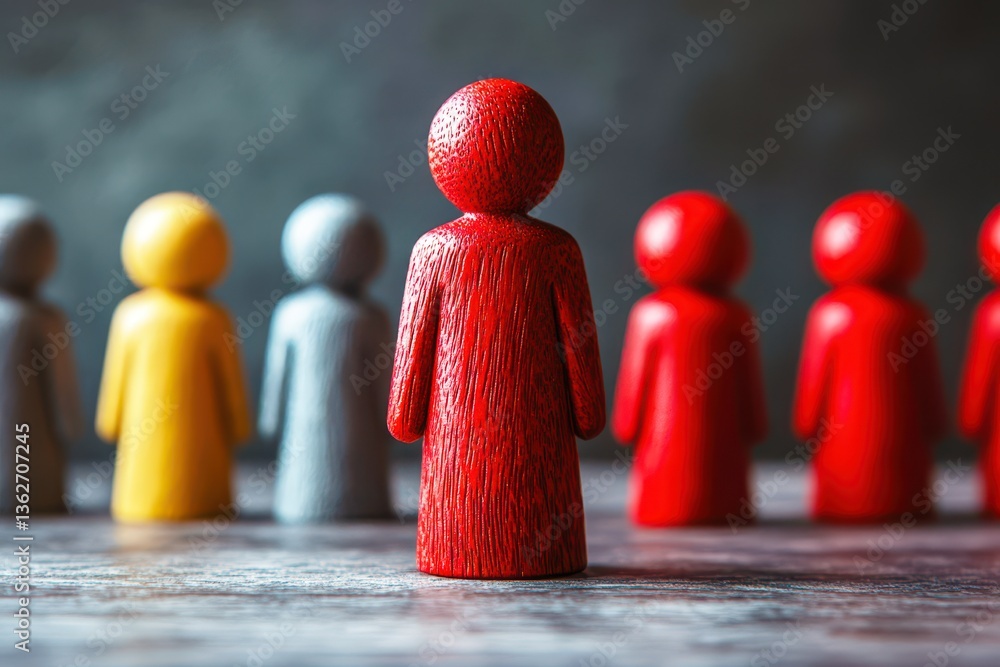 Poster focused leadership in diversity with colorful wooden figures representing individuality and group dy