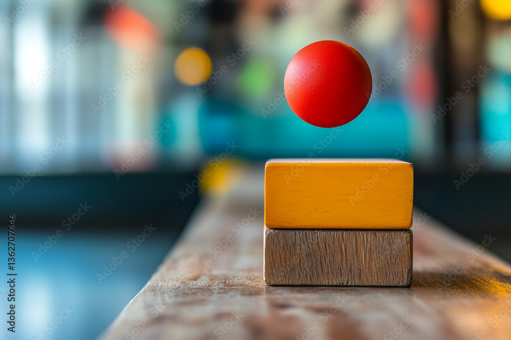 Poster a red ball floating above two wooden blocks stacked on a wooden surface with a blurred background