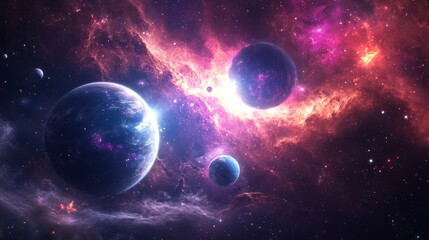 A stunning abstract cosmos background featuring glowing planets and a deep space nebula.