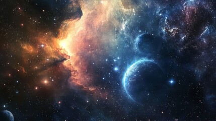 A stunning cosmic wonderland featuring dazzling nebulas, brilliant stars, and deep-space planets.