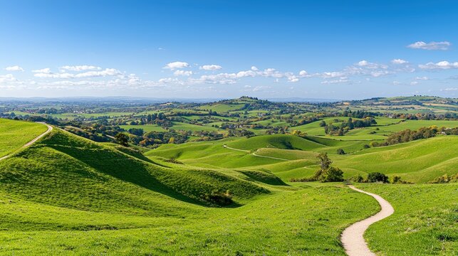 An expansive view of rolling green hills under a clear blue sky, with playful clouds scattered throughout. The image features an inviting path winding through the landscape, leading the viewers eye