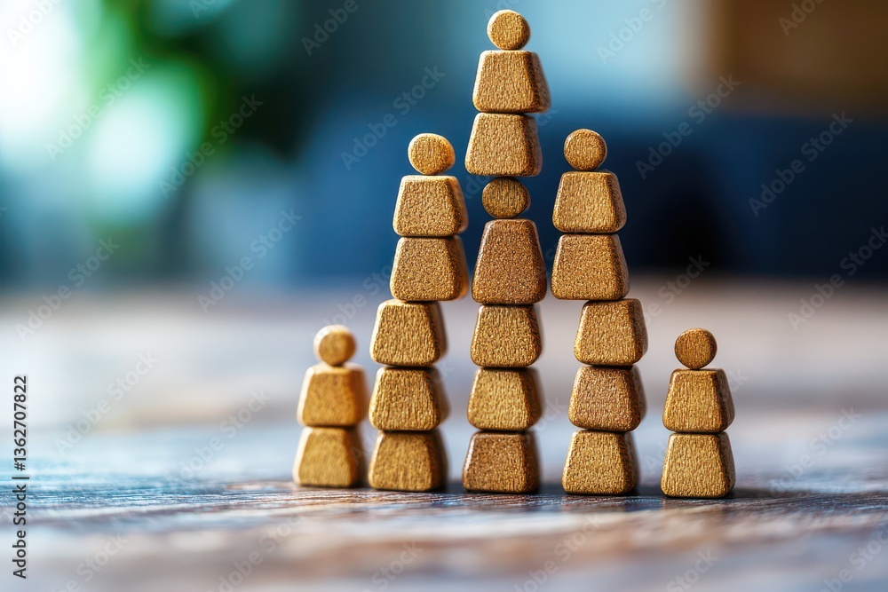 Aufkleber wooden figurines stacked in a pyramid formation illustrating teamwork, collaboration, and unity in a