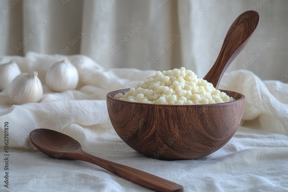 Aufkleber Couscous displayed in a wooden bowl with a spoon and garlic in the background during a rustic kitchen setting