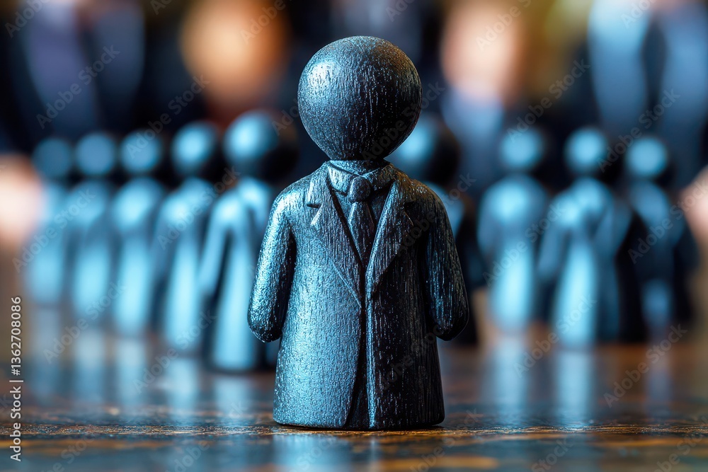 Poster wooden figures representing business leaders in a conference setting with blurred background in soft