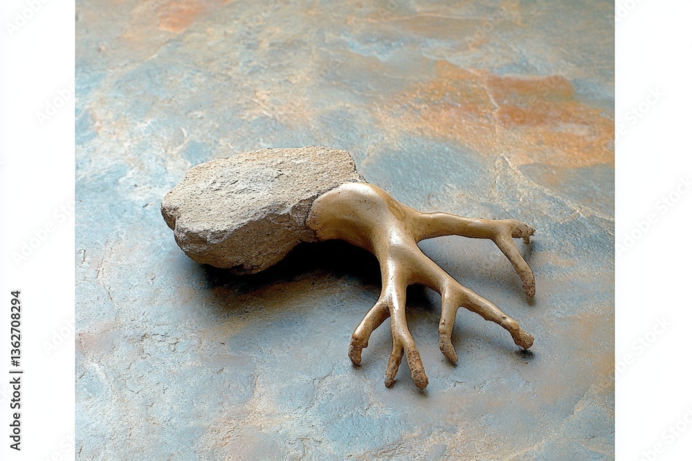 Poster Unique sculpture combining rock and hand-like roots on textured surface in natural light