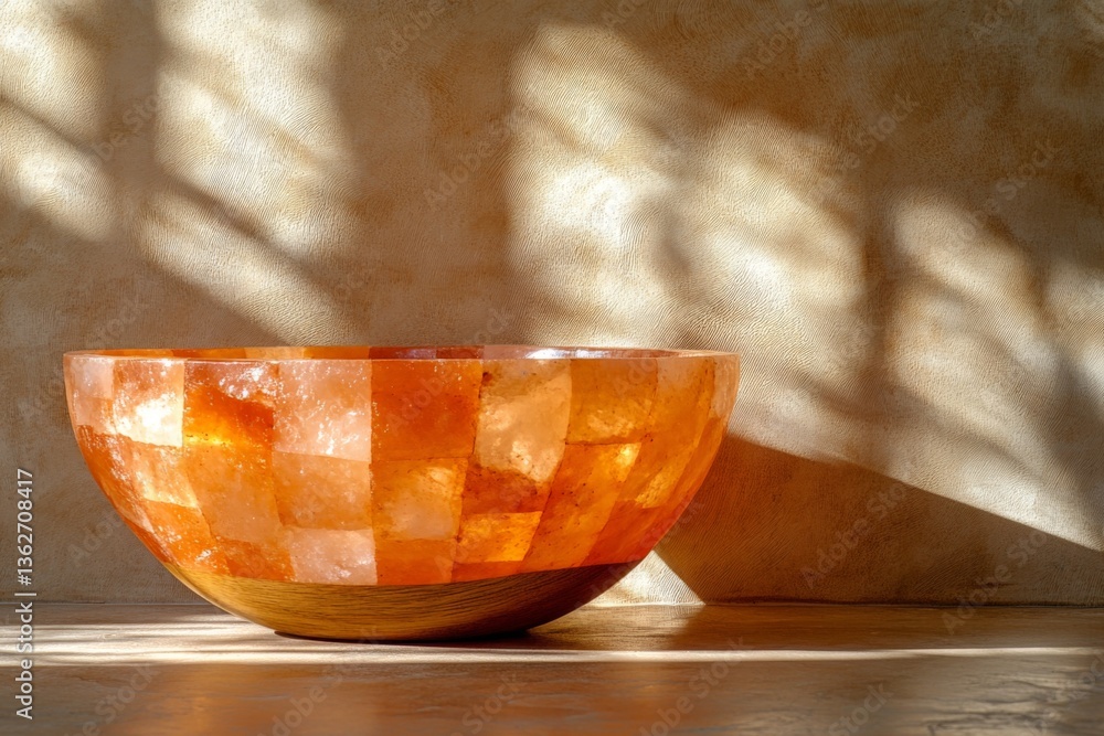 Poster beautiful handcrafted salt bowl resting on a wooden surface with warm sunlight creating intricate sh
