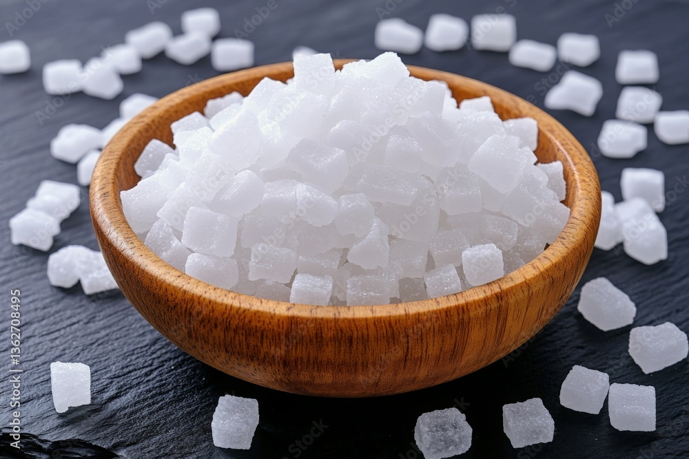Poster white sugar cubes in a wooden bowl on a dark slate surface with scattered cubes around