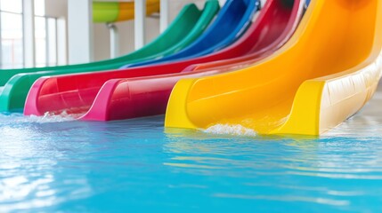Brightly colored water slides emerge from a beautiful pool, inviting joy and fun for all ages. Perfect for summer adventures, family outings, or leisure activities in water parks.