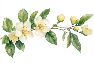 White jasmine flowers and buds gracefully arranged on a delicate branch against a light background