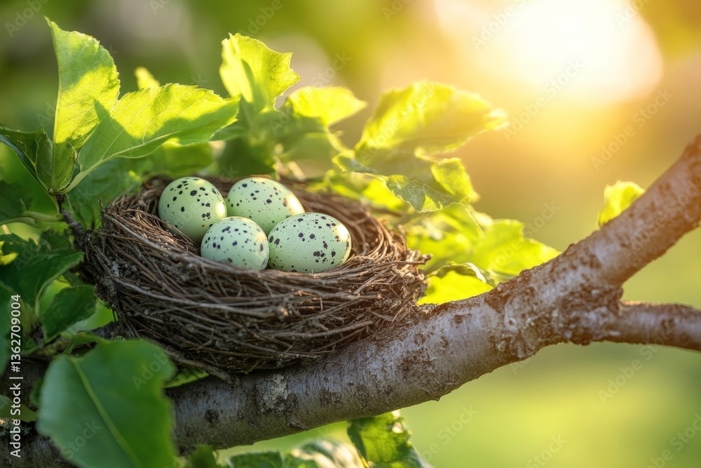 Poster Freshly laid eggs in a bird's nest on a tree branch during golden hour in a serene garden setting