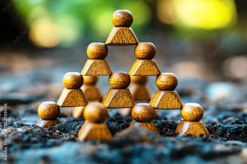 Poster wooden figures arranged in a geometric pyramid shape on natural background with blurred green bokeh 