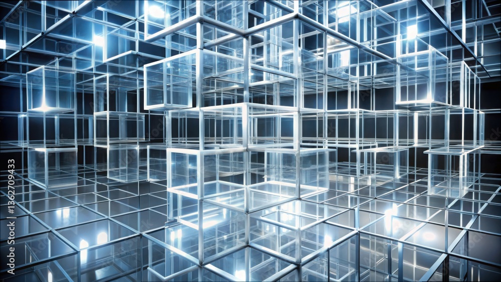 Leinwandbilder abstract white grid structure with transparent cubes in 3d space