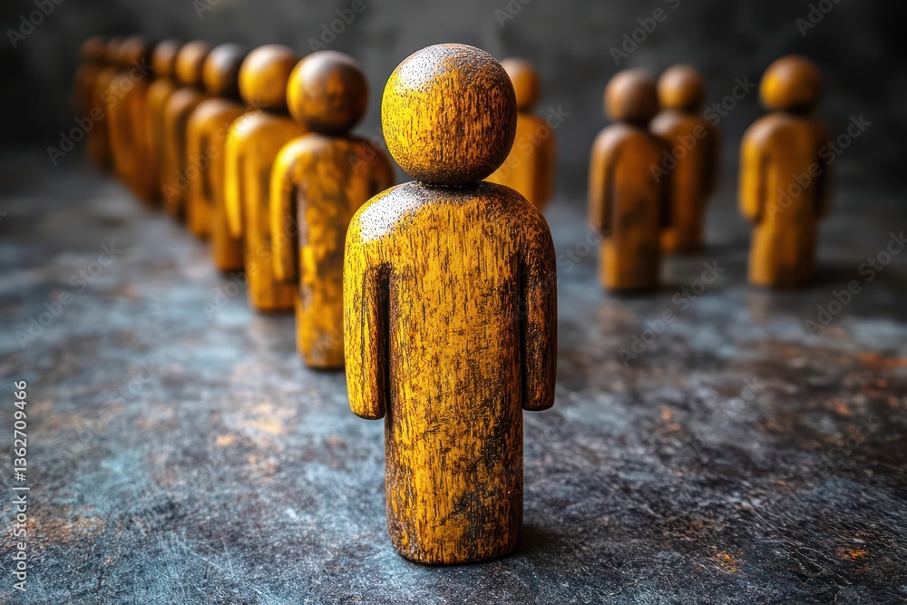 Poster wooden figurines representing individuality and collective identity in a textured environment showca