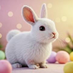 AI-generated image: An adorable Easter bunny, with its soft fur and captivating gaze, finds itself surrounded by a variety of colorful eggs, ready for the Easter celebration.