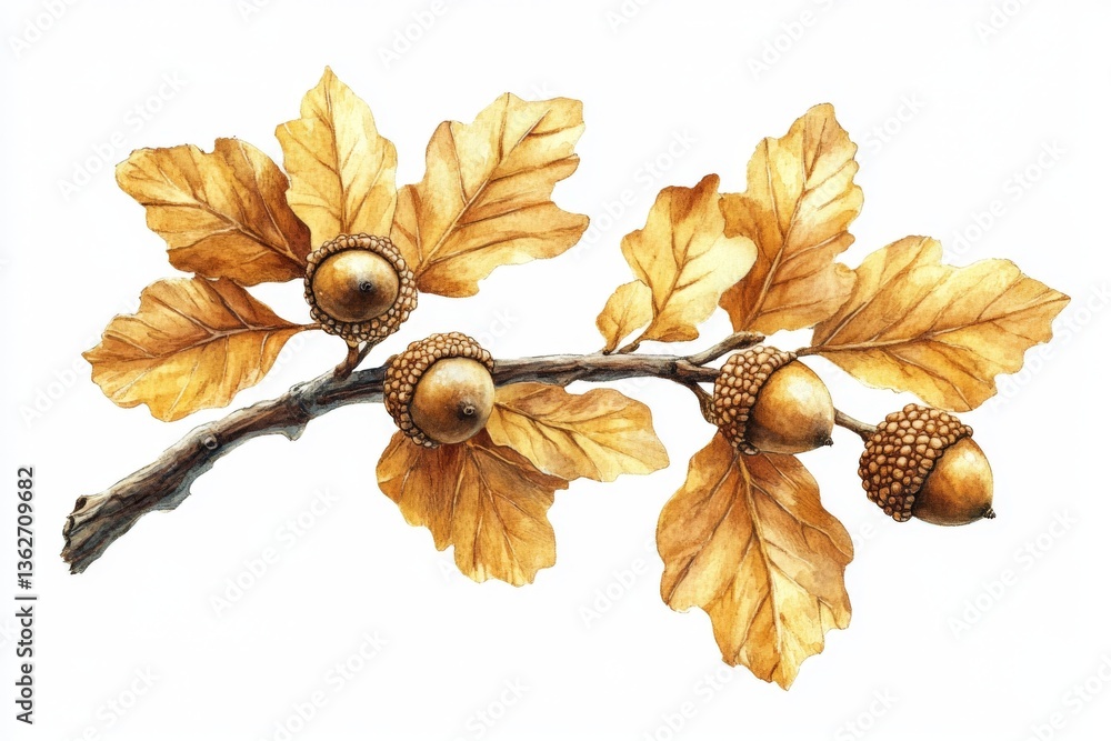 Poster acorns and leaves on a branch showcasing vibrant autumn colors in a serene natural setting