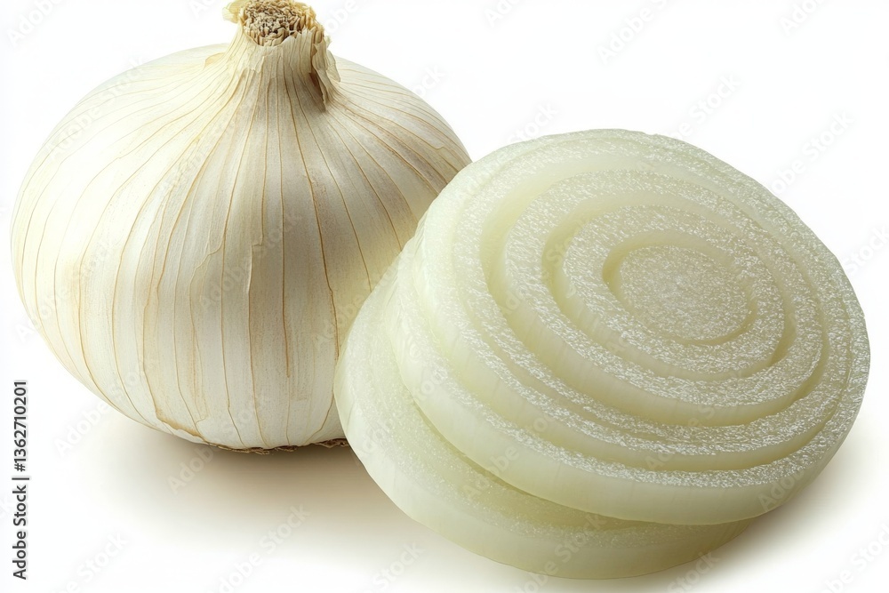 Poster freshly harvested onion cut into slices with whole onion beside it on a clean surface