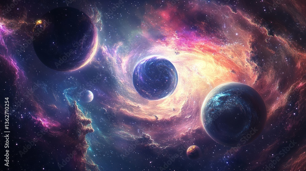 Poster an artistic space background with multiple planets orbiting in a colorful nebula swirl