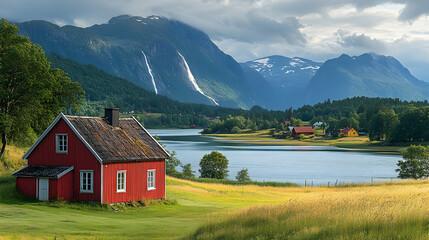 Obraz premium Red house on lakeside with mountains, waterfalls, and cloudy skies in background