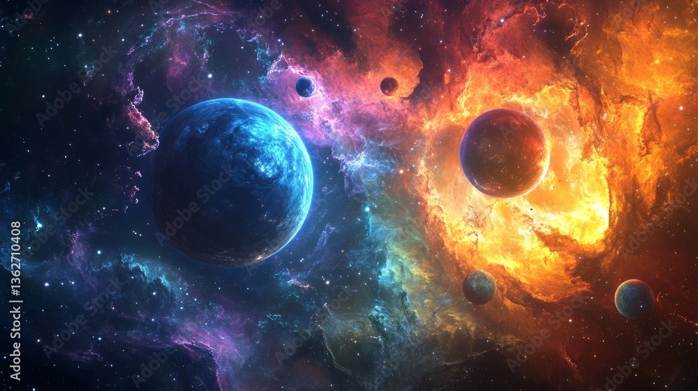Poster an artistic space background with multiple planets orbiting in a colorful nebula swirl