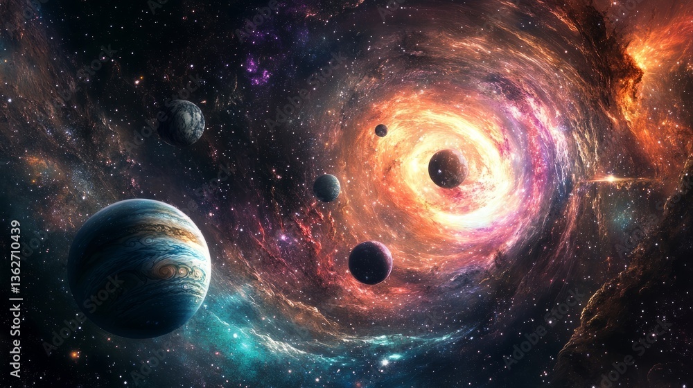 Poster an artistic space background with multiple planets orbiting in a colorful nebula swirl