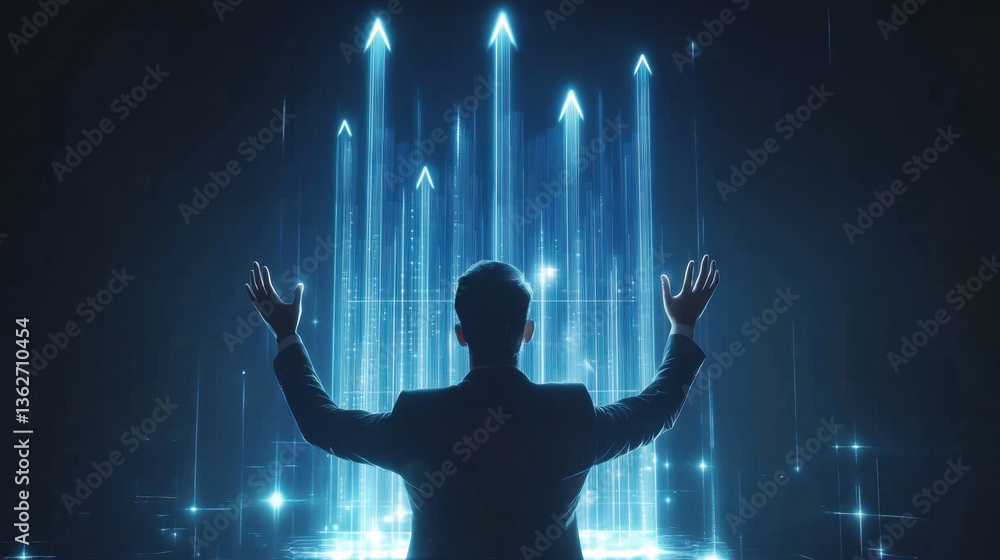 Poster a business professional in a suit gestures towards an interactive virtual graph, displaying rising t