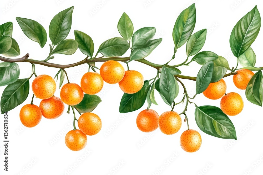 Poster oranges hang from a lush branch filled with green leaves in a bright and vibrant setting