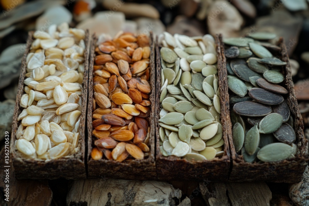 Poster variety of seeds displayed in natural containers on a textured surface showcasing diverse colors and