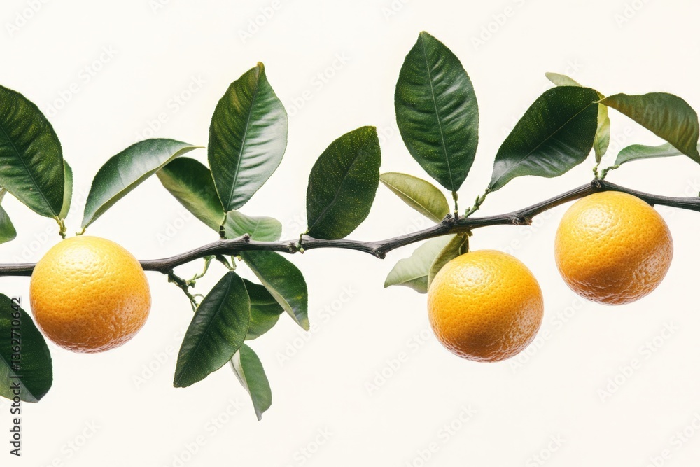 Poster Fresh oranges hanging on a citrus tree branch with green leaves during daylight in a light background