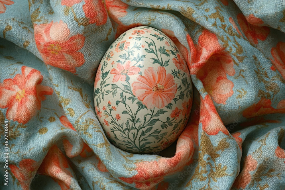 Poster ornate decorative egg resting on floral patterned fabric in soft lighting