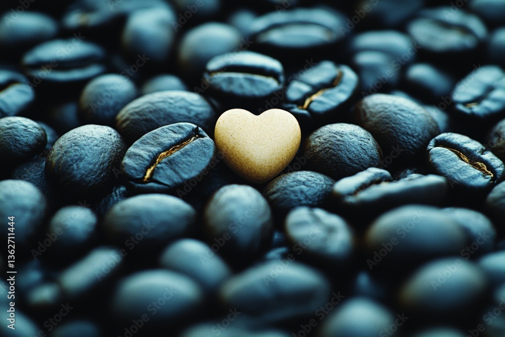 Aufkleber heart-shaped object among dark coffee beans creates a captivating contrast in a cozy setting