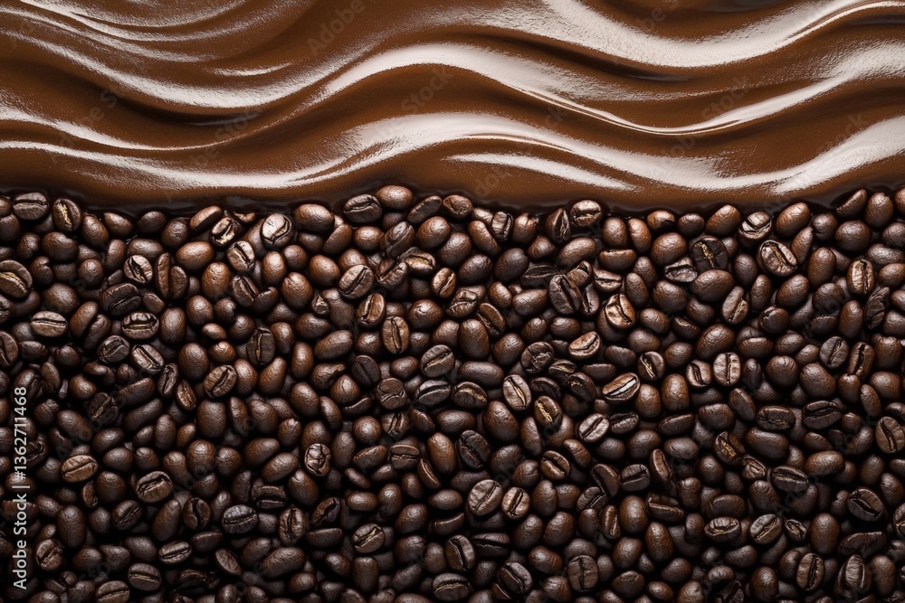Poster rich coffee beans carefully arranged below smooth chocolate swirl in an artistic culinary display