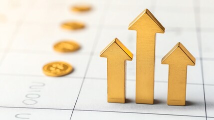 Gold arrows symbolize growth and success in business. This image conveys financial progress and upward trends, perfect for presentations, reports, and marketing materials.