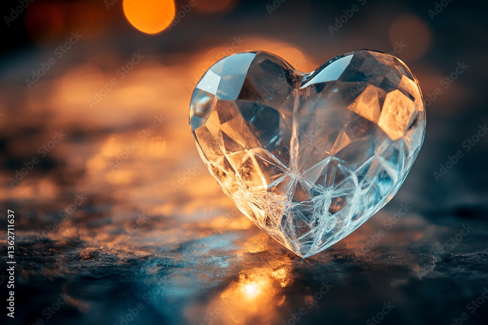 Poster a crystal heart reflecting light on a dark surface with bokeh in the background and warm tones