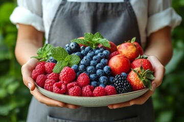 Freshly picked berries and fruits displayed in a ceramic bowl held by a person in a garden setting during a sunny day