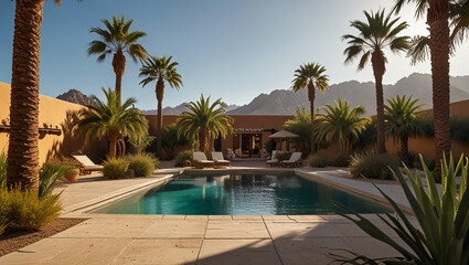 Fototapeta premium swimming pool in tropical resort with palm trees