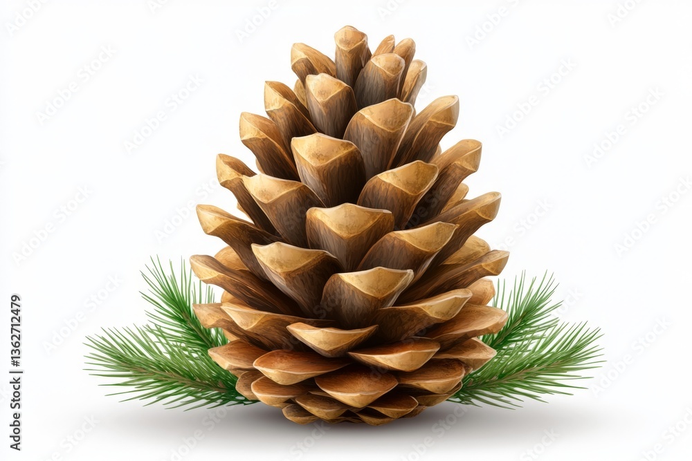 Poster Fresh pine cone surrounded by green needles on a white background in a studio environment