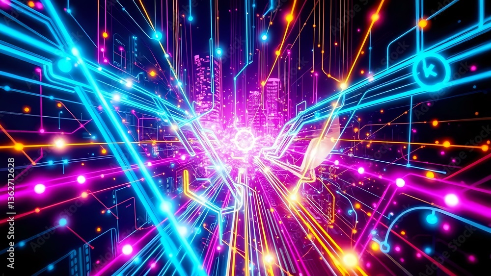 Poster dynamic cyberpunk neon cityscape with glowing circuit nodes