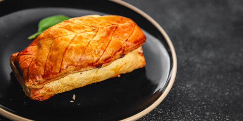 Meat pie quiche French snack fresh delicious gourmet food background on the table rustic food top...