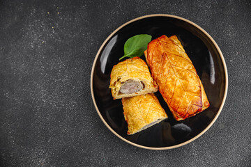 Meat pie quiche French snack fresh delicious gourmet food background on the table rustic food top view copy space